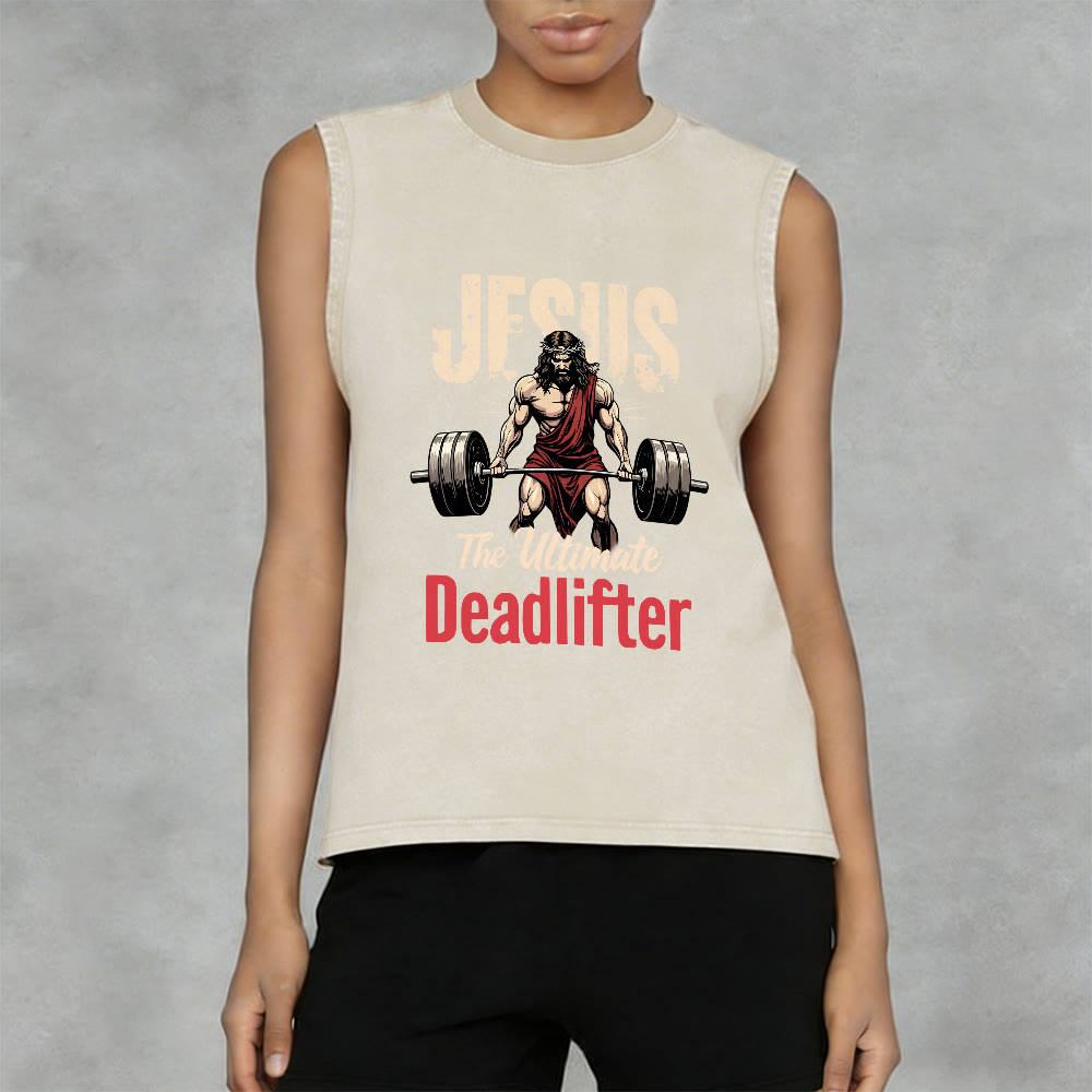 Christianartworkshop Jesus The Ultimate Deadlifter Unisex Washed Tank Top - image 5