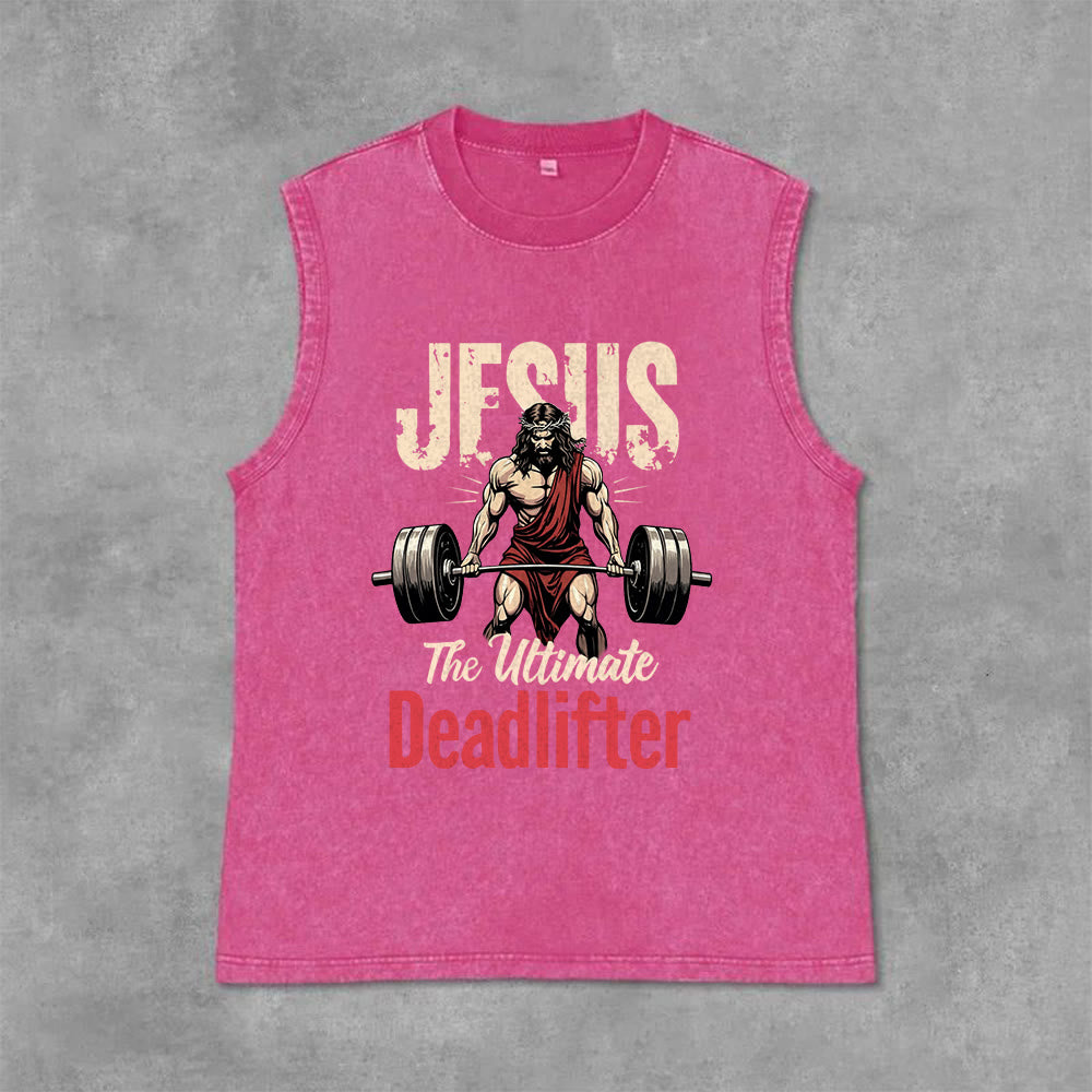 Christianartworkshop Jesus The Ultimate Deadlifter Unisex Washed Tank Top - Pink - 2XL - image 6