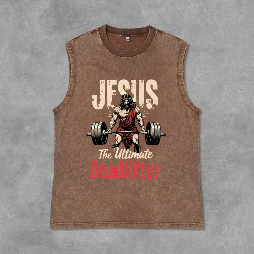 Christianartworkshop Jesus The Ultimate Deadlifter Unisex Washed Tank Top - Brown - 2XL - image 12