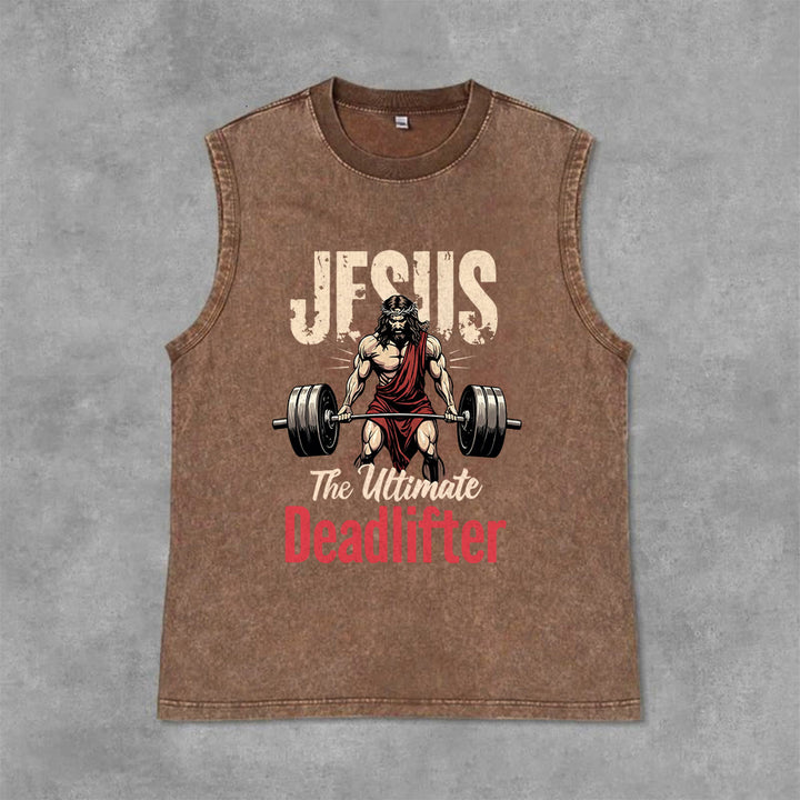 Christianartworkshop Jesus The Ultimate Deadlifter Unisex Washed Tank Top - Brown - 2XL - image 12