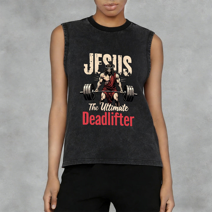 Christianartworkshop Jesus The Ultimate Deadlifter Unisex Washed Tank Top - image 2