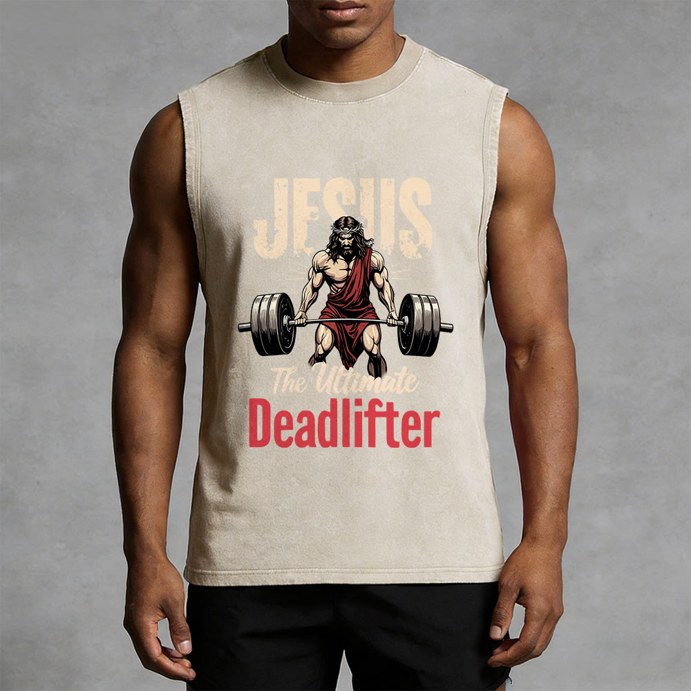 Christianartworkshop Jesus The Ultimate Deadlifter Unisex Washed Tank Top - image 4