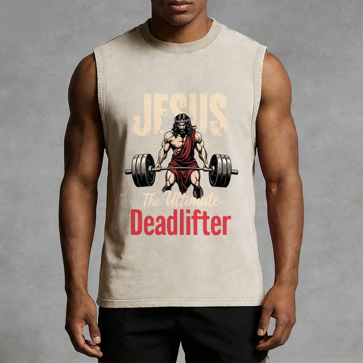 Christianartworkshop Jesus The Ultimate Deadlifter Unisex Washed Tank Top - image 4