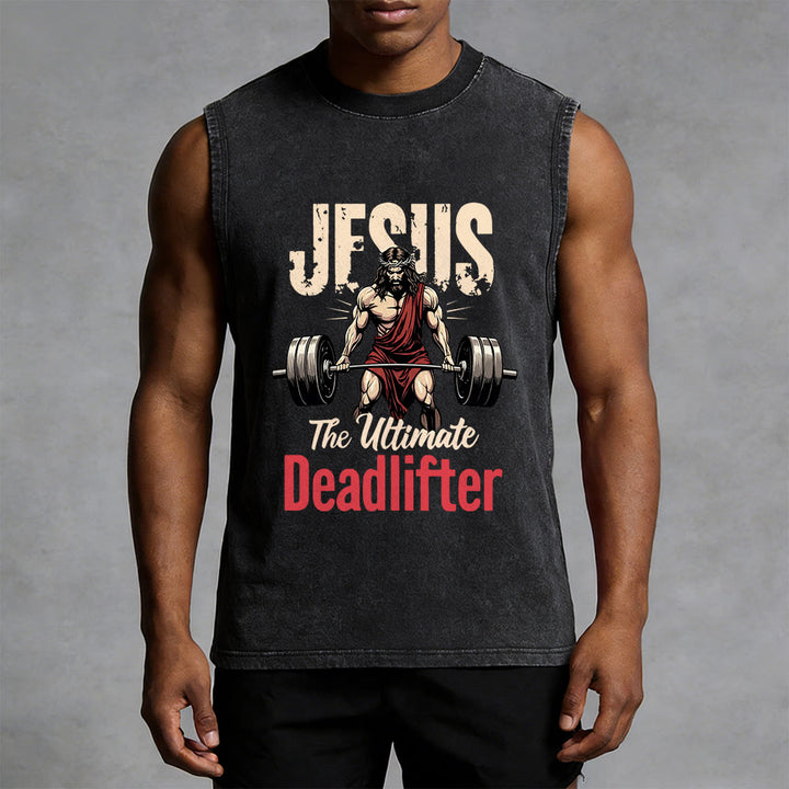 Christianartworkshop Jesus The Ultimate Deadlifter Unisex Washed Tank Top - image 1