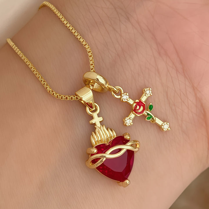 Christianartworkshop Sacred Heart & Rose Cross Pendant Necklace: Embody Divine Love and Redemptive Grace - Sacred Heart - image 0