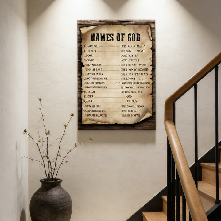Christianartworkshop Names of God Parchment Wall Art Print: A Symbol of His Unchanging Identity - Framed Canvas Painting - 13.77"*19.58"*0.7"/35*50*1.8cm - image 0