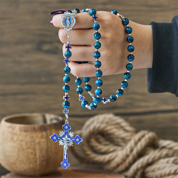 Christianartworkshop Shimmering Blue Tiger Eye Rosary with Enamel Cross for Prayerful Reflection - image 1