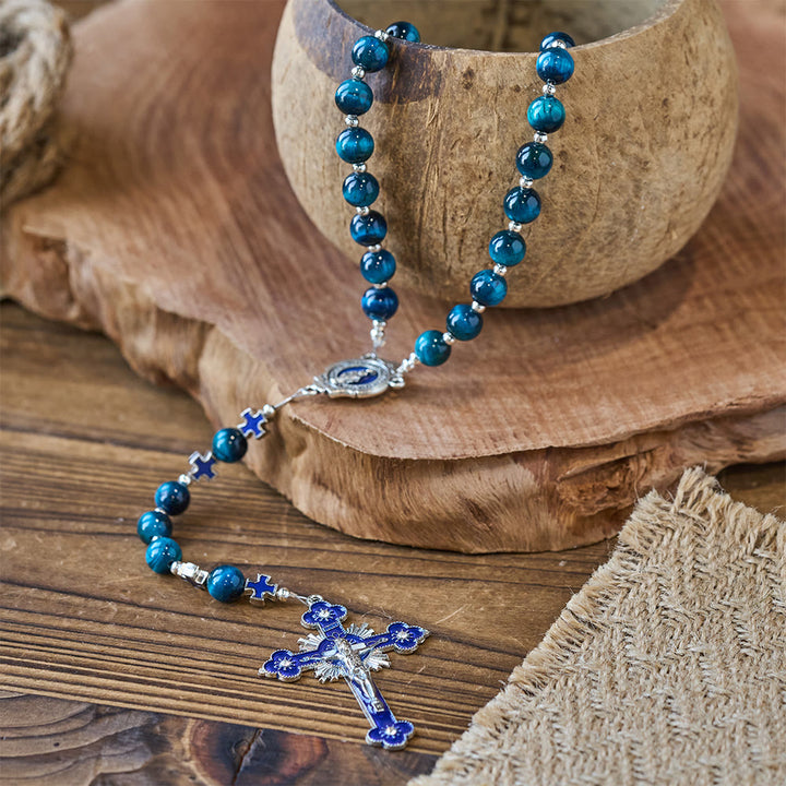 Christianartworkshop Shimmering Blue Tiger Eye Rosary with Enamel Cross for Prayerful Reflection - image 4