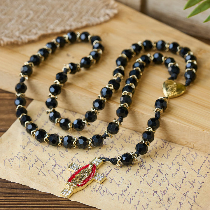 Christianartworkshop Elegant Black Faceted Glass Rosary with Our Lady Red Enamel Cross - Our Lady Rosary - image 0