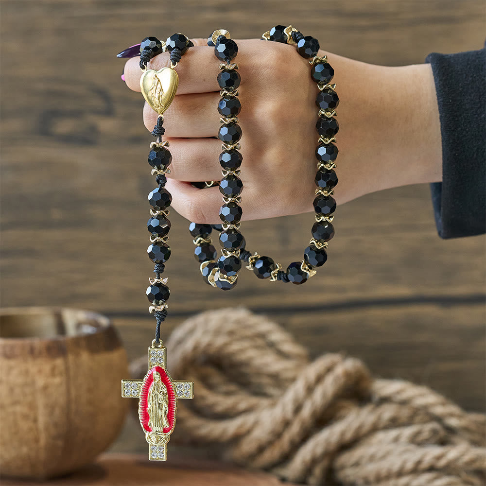 Christianartworkshop Elegant Black Faceted Glass Rosary with Our Lady Red Enamel Cross - image 1