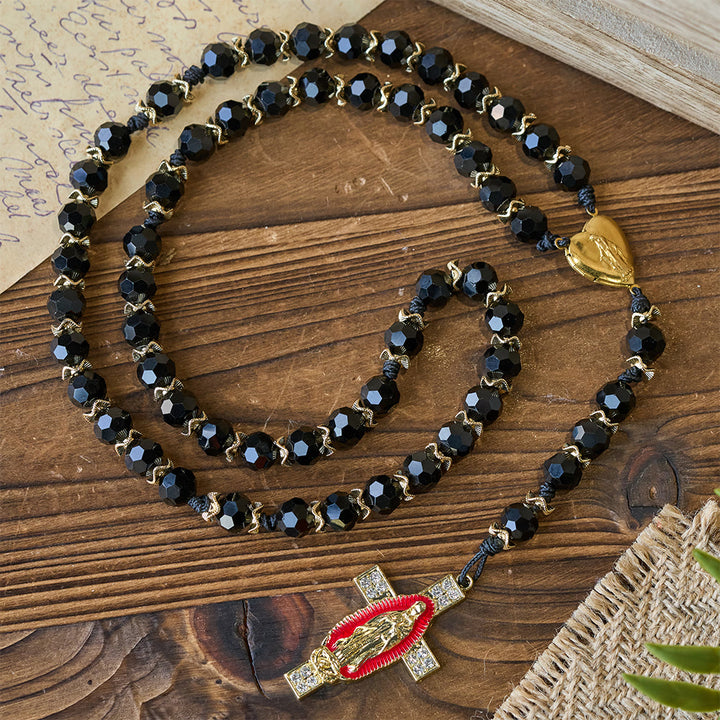 Christianartworkshop Elegant Black Faceted Glass Rosary with Our Lady Red Enamel Cross - image 4