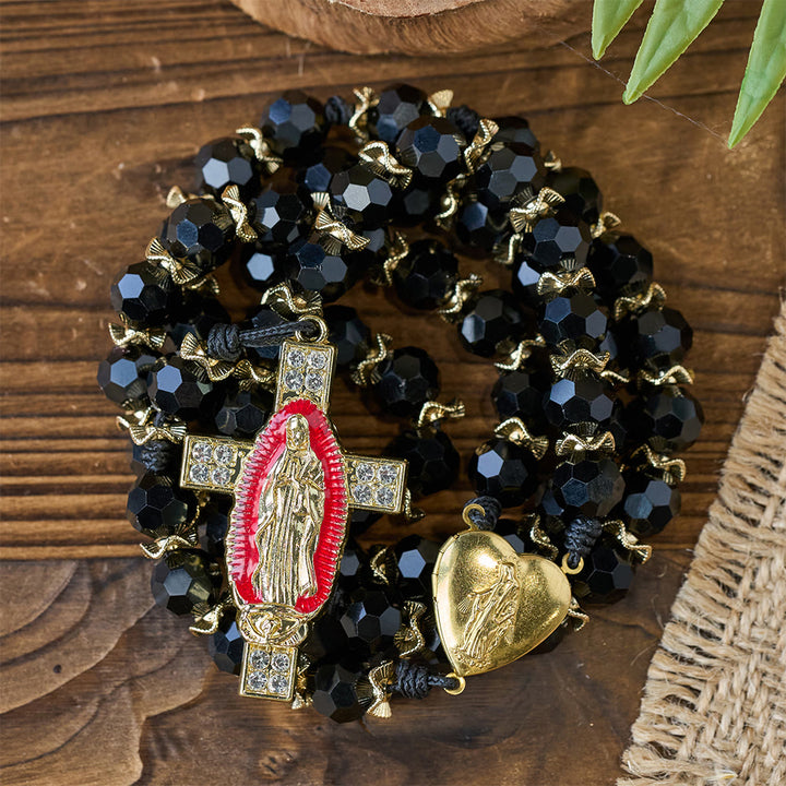 Christianartworkshop Elegant Black Faceted Glass Rosary with Our Lady Red Enamel Cross - image 2