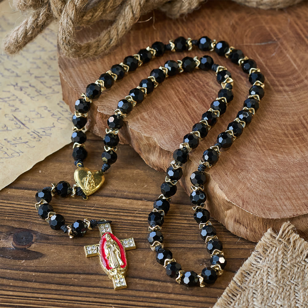 Christianartworkshop Elegant Black Faceted Glass Rosary with Our Lady Red Enamel Cross - Our Lady Rosary - image 0