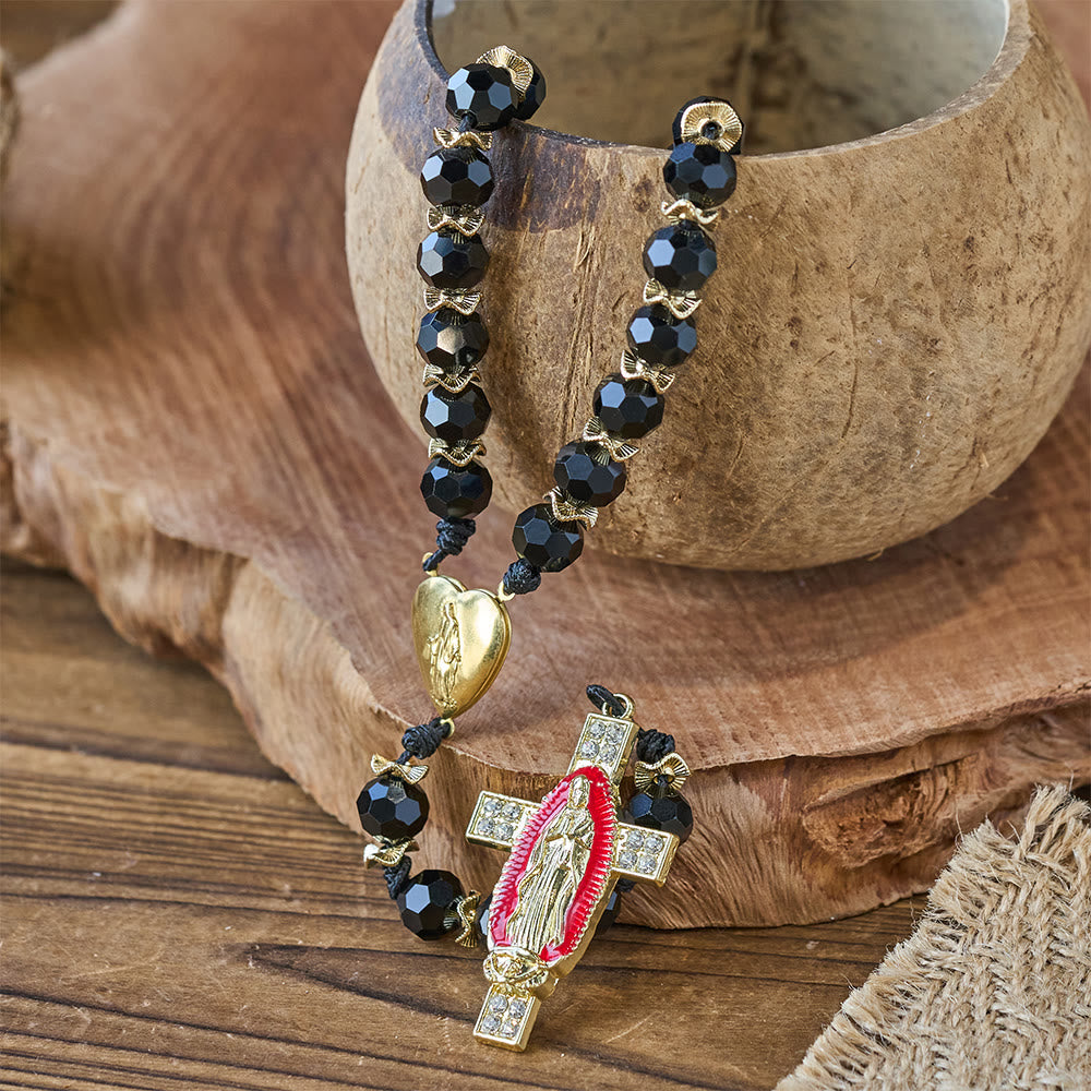 Christianartworkshop Elegant Black Faceted Glass Rosary with Our Lady Red Enamel Cross - image 5