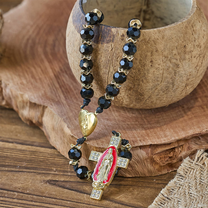 Christianartworkshop Elegant Black Faceted Glass Rosary with Our Lady Red Enamel Cross - image 5