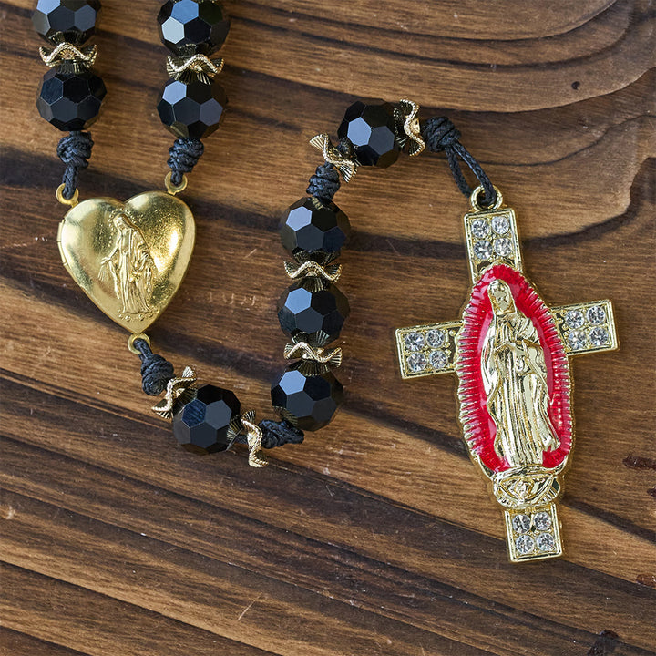 Christianartworkshop Elegant Black Faceted Glass Rosary with Our Lady Red Enamel Cross - image 6