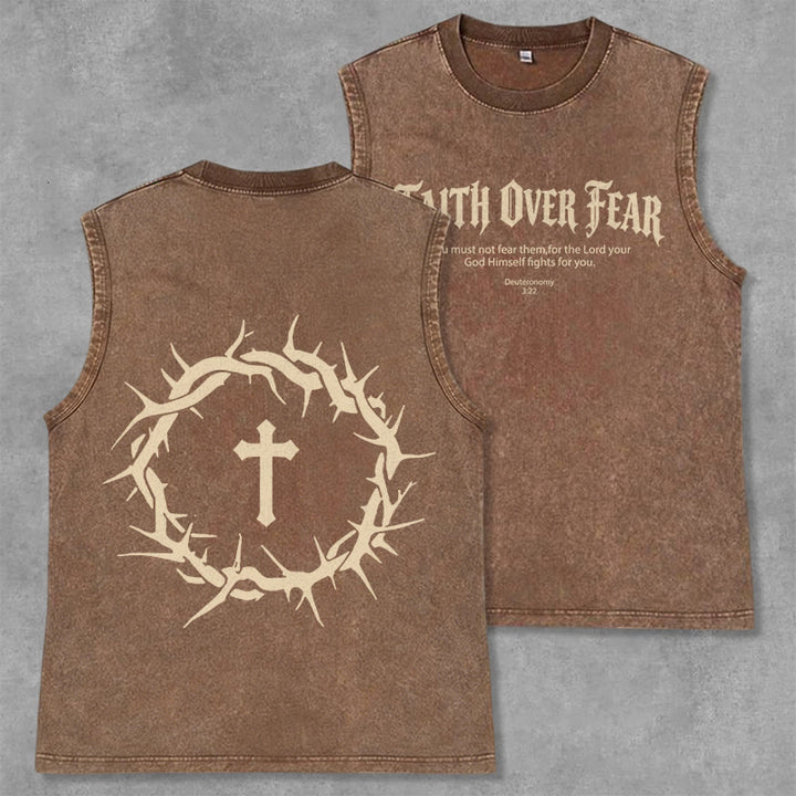 Christianartworkshop Faith Over Fear Crown of Thorns Unisex Washed Tank Top - Brown - 2XL - image 14