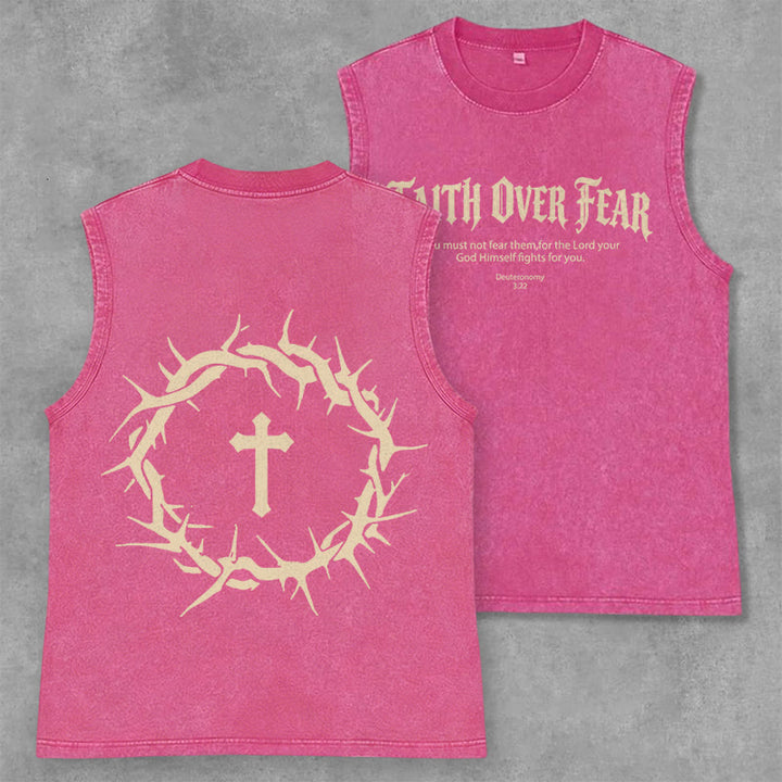 Christianartworkshop Faith Over Fear Crown of Thorns Unisex Washed Tank Top - Pink - 2XL - image 7