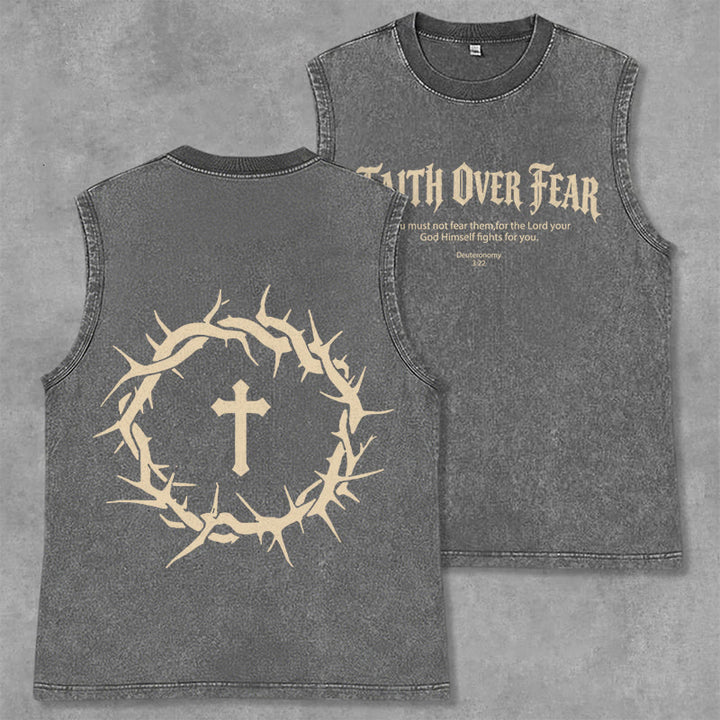 Christianartworkshop Faith Over Fear Crown of Thorns Unisex Washed Tank Top - Grey - 2XL - image 0