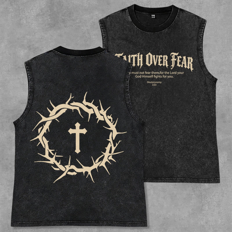 Christianartworkshop Faith Over Fear Crown of Thorns Unisex Washed Tank Top - Black - 2XL - image 21