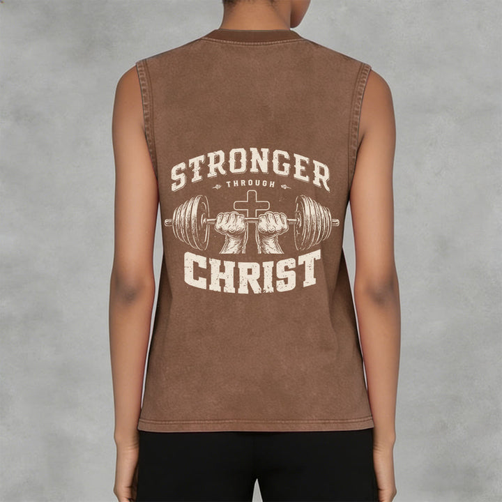 Christianartworkshop Stronger Through Christ Barbell Cross Unisex Washed Tank Top - image 5