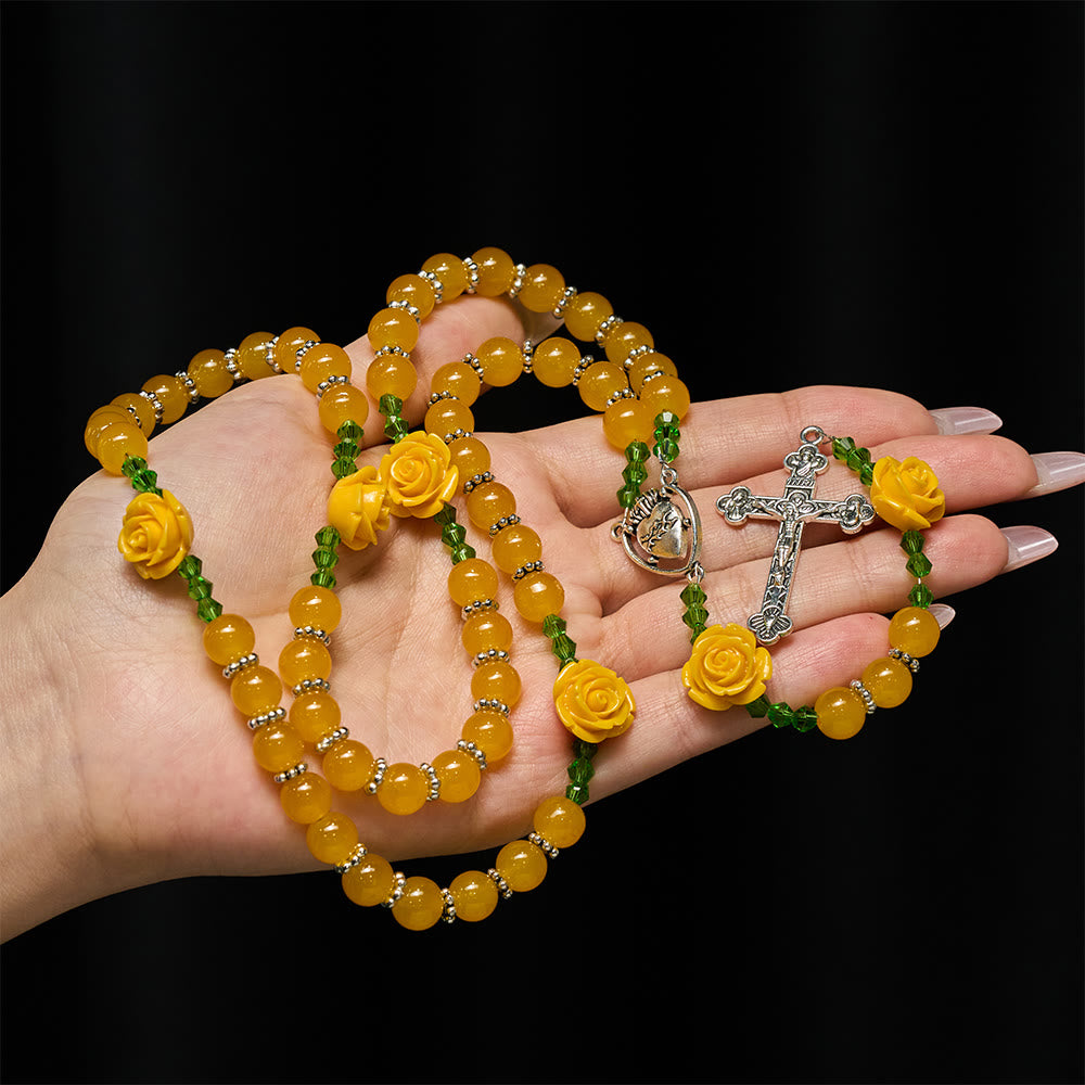 Christianartworkshop Yellow Jade & Rose Bead Garden of Faith Rosary with Delicate Cross - image 1