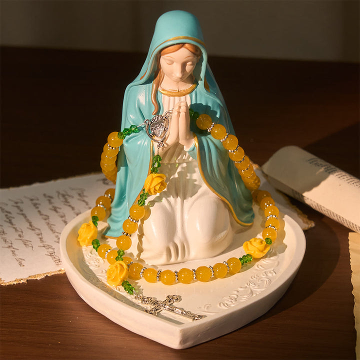 Christianartworkshop Yellow Jade & Rose Bead Garden of Faith Rosary with Delicate Cross - image 5
