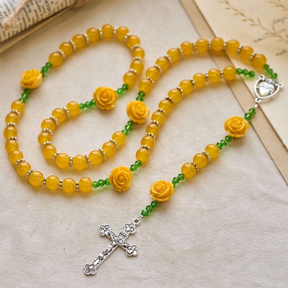 Christianartworkshop Yellow Jade & Rose Bead Garden of Faith Rosary with Delicate Cross - image 0