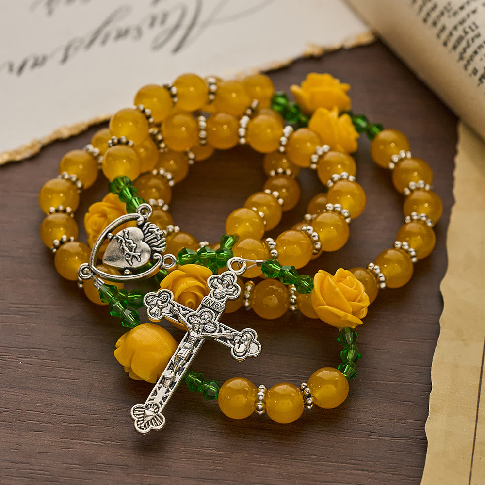 Christianartworkshop Yellow Jade & Rose Bead Garden of Faith Rosary with Delicate Cross - image 6