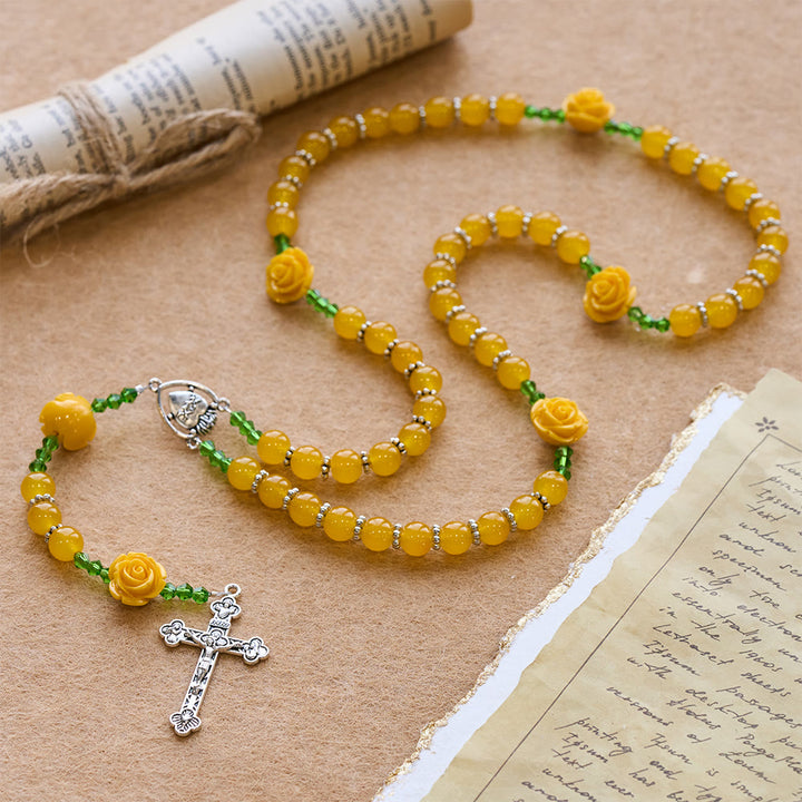 Christianartworkshop Yellow Jade & Rose Bead Garden of Faith Rosary with Delicate Cross - image 4