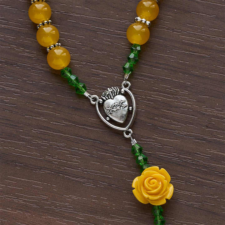 Christianartworkshop Yellow Jade & Rose Bead Garden of Faith Rosary with Delicate Cross - image 8
