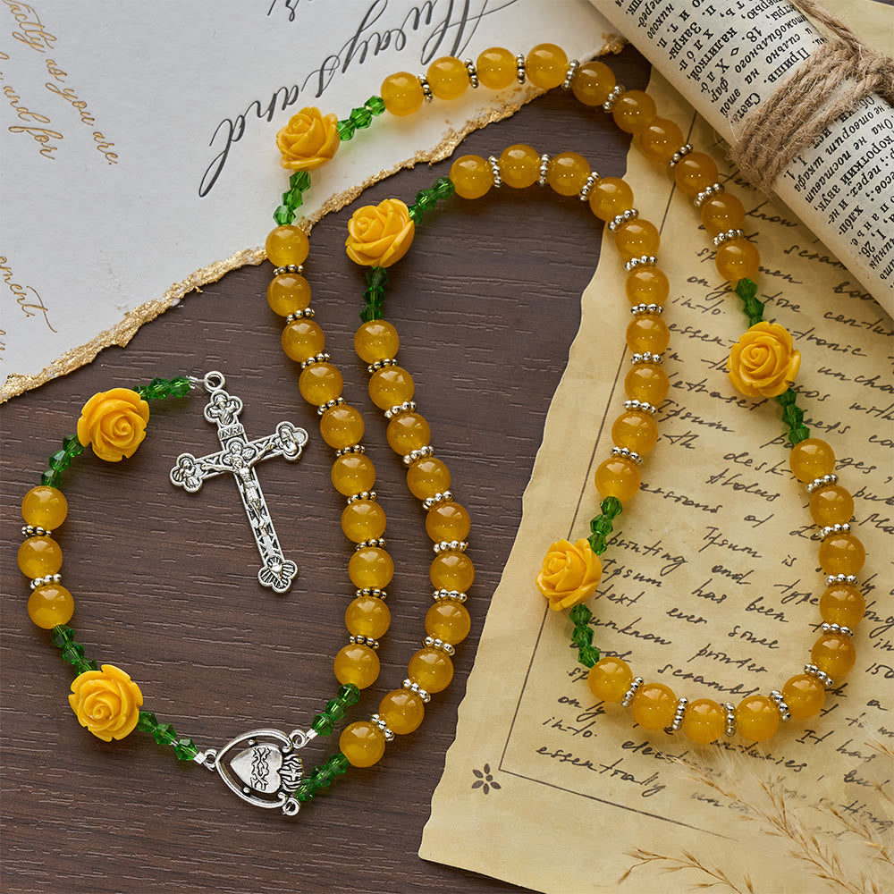Christianartworkshop Yellow Jade & Rose Bead Garden of Faith Rosary with Delicate Cross - image 3