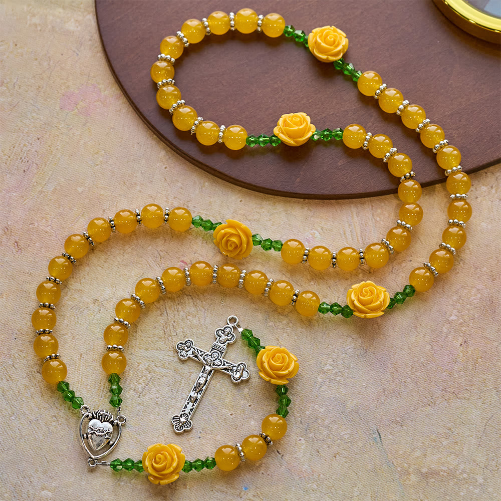 Christianartworkshop Yellow Jade & Rose Bead Garden of Faith Rosary with Delicate Cross - image 2