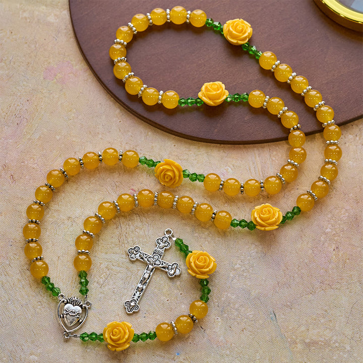 Christianartworkshop Yellow Jade & Rose Bead Garden of Faith Rosary with Delicate Cross - image 2