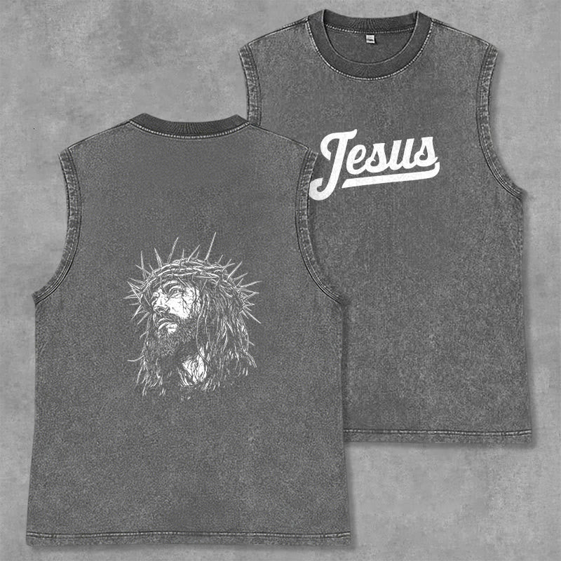 Christianartworkshop Jesus: Crown of Thorns Sketch Unisex Washed Tank Top - Grey - 2XL - image 21