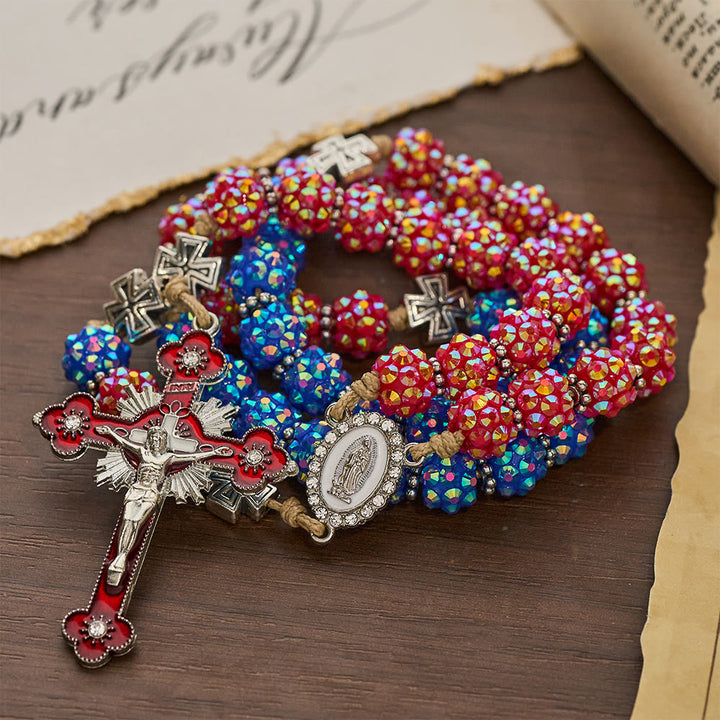 Christianartworkshop Red & Blue Dazzling Diamond Bead Rosary with Maltese Cross Accents - Our Lady & Crucifx - image 0