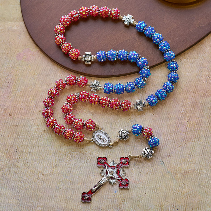 Christianartworkshop Red & Blue Dazzling Diamond Bead Rosary with Maltese Cross Accents - image 2