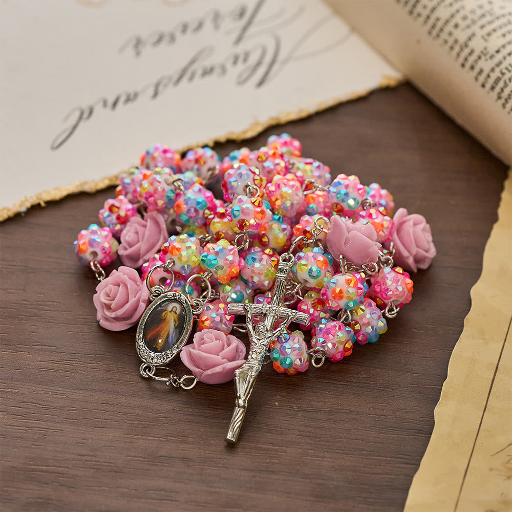 Christianartworkshop Pink Rose & Sparkling Multicolor Diamond Beads Rosary with Divine Mercy - Divine Mercy & Crucifx - image 0