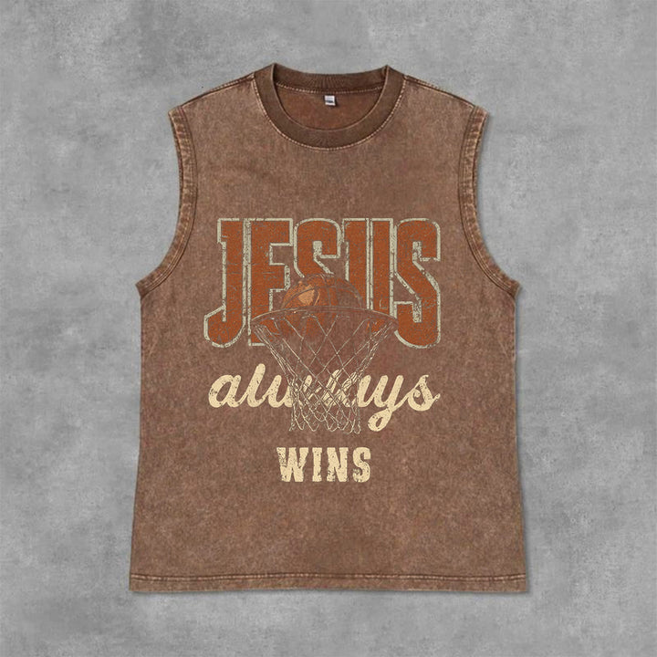 Christianartworkshop Jesus Always Wins Basketball Unisex Washed Tank Top - Brown - 2XL - image 3