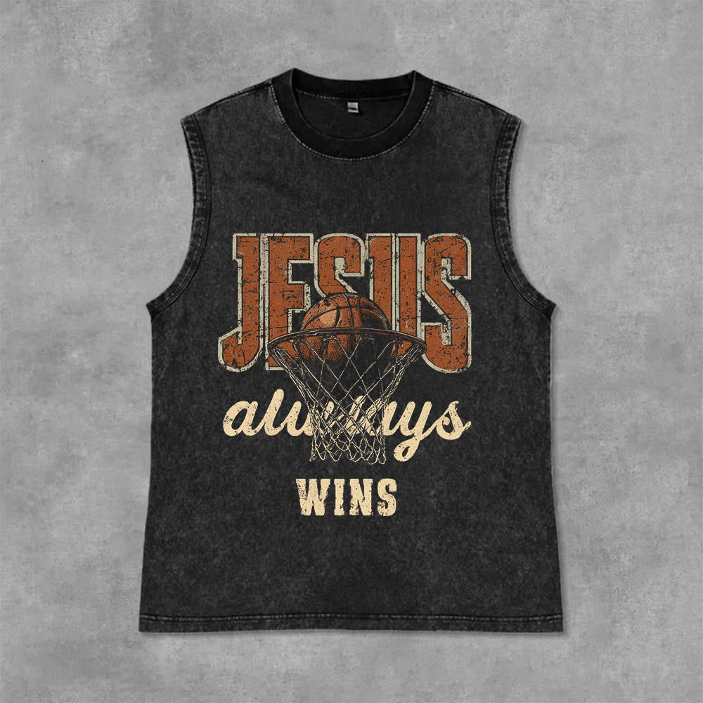 Christianartworkshop Jesus Always Wins Basketball Unisex Washed Tank Top - Black - 2XL - image 6