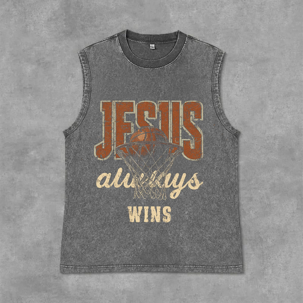 Christianartworkshop Jesus Always Wins Basketball Unisex Washed Tank Top - Grey - 2XL - image 0