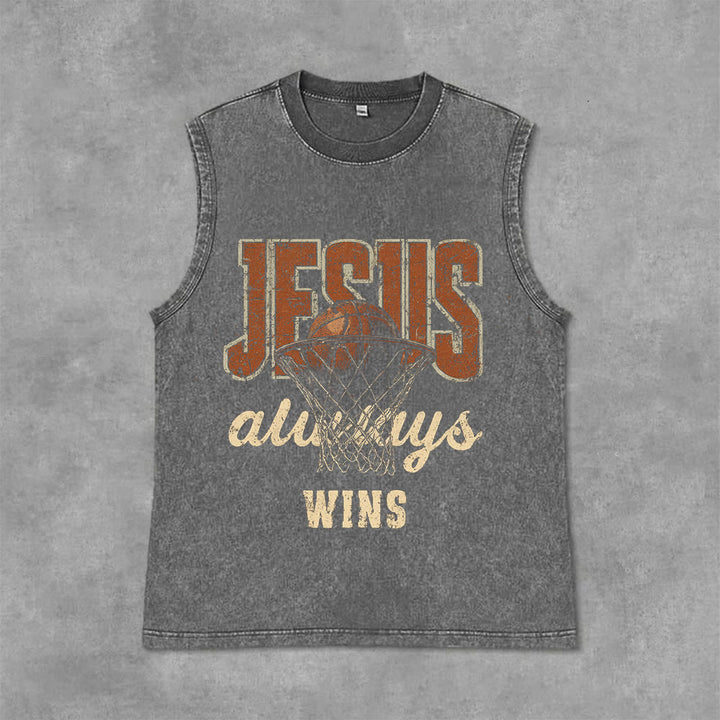 Christianartworkshop Jesus Always Wins Basketball Unisex Washed Tank Top - Grey - 2XL - image 0