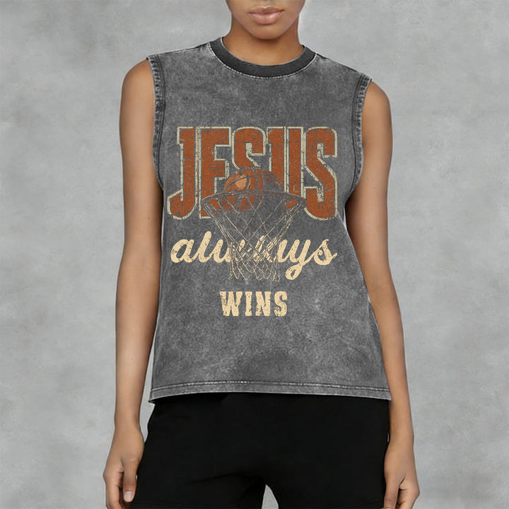 Christianartworkshop Jesus Always Wins Basketball Unisex Washed Tank Top - image 2