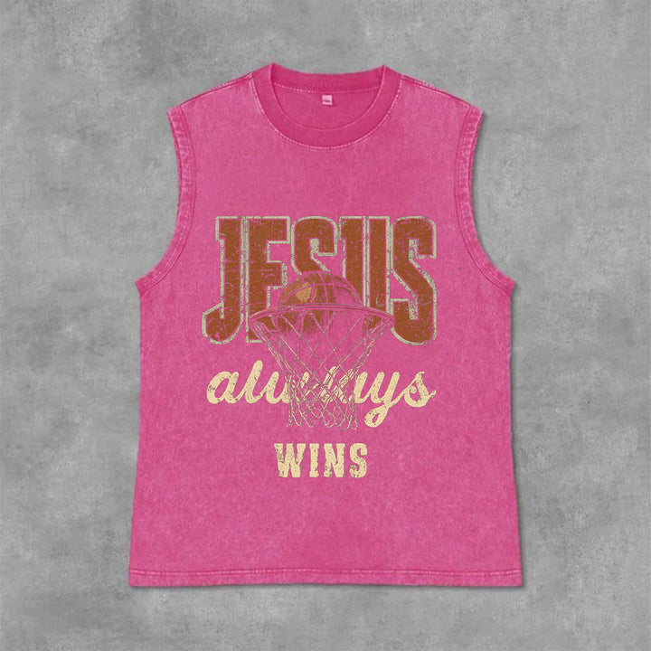 Christianartworkshop Jesus Always Wins Basketball Unisex Washed Tank Top - Pink - 2XL - image 9