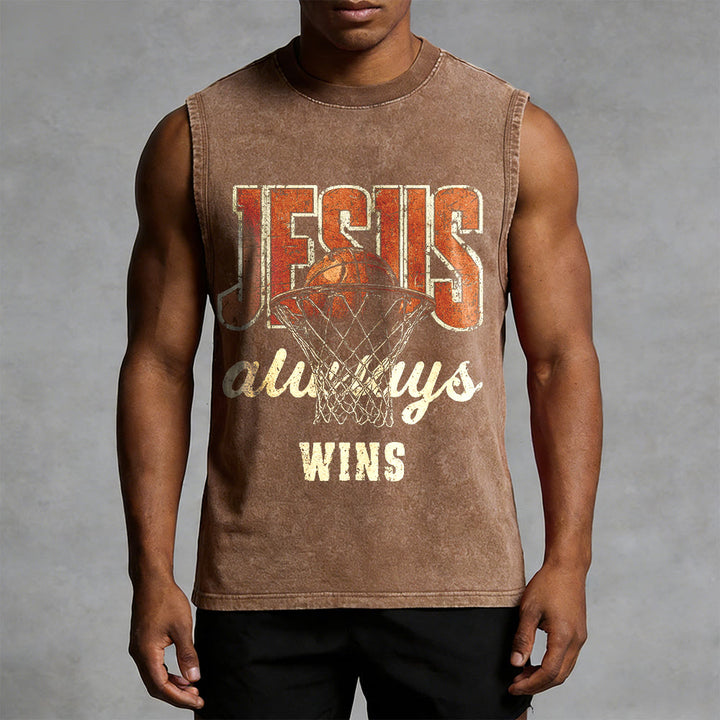 Christianartworkshop Jesus Always Wins Basketball Unisex Washed Tank Top - image 4