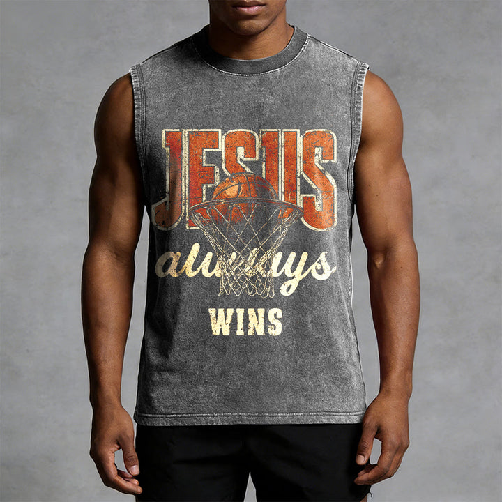 Christianartworkshop Jesus Always Wins Basketball Unisex Washed Tank Top - image 1
