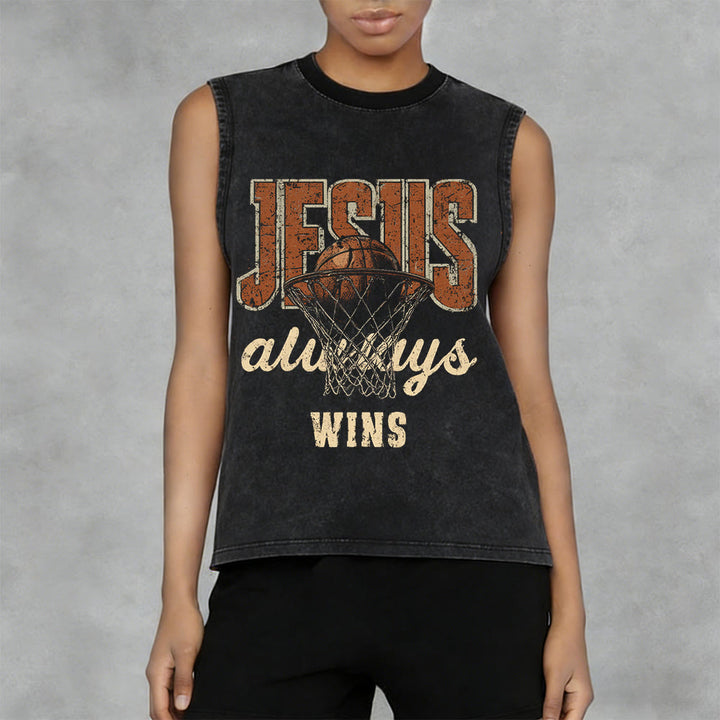 Christianartworkshop Jesus Always Wins Basketball Unisex Washed Tank Top - image 8