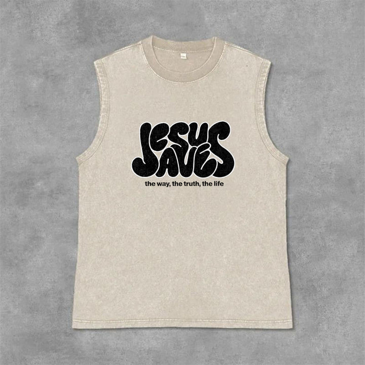 Christianartworkshop Jesus Saves Retro Unisex Washed Tank Top - Beige - 2XL - image 3