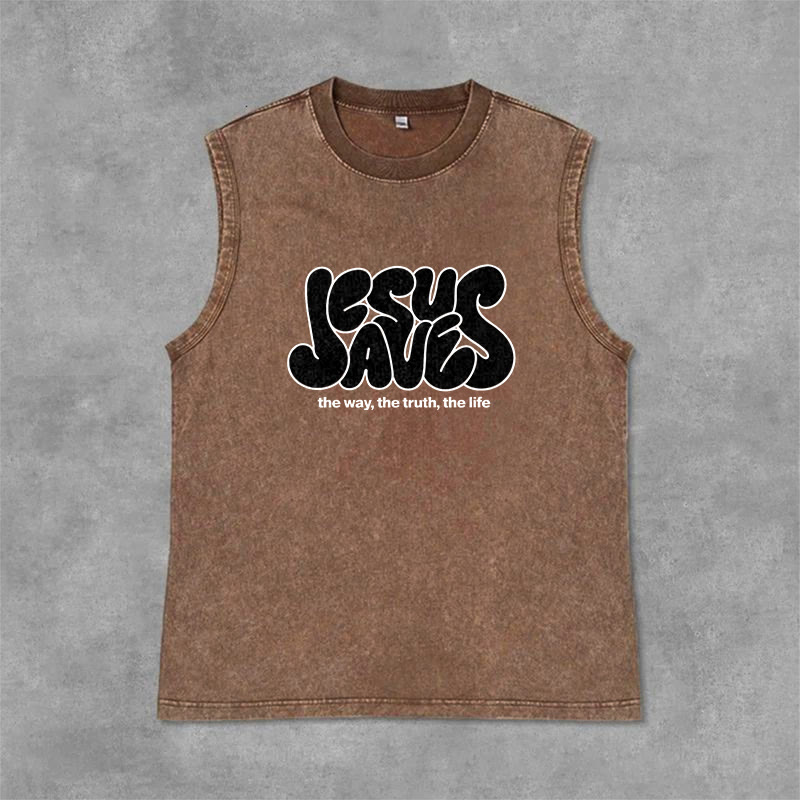 Christianartworkshop Jesus Saves Retro Unisex Washed Tank Top - Brown - 2XL - image 9