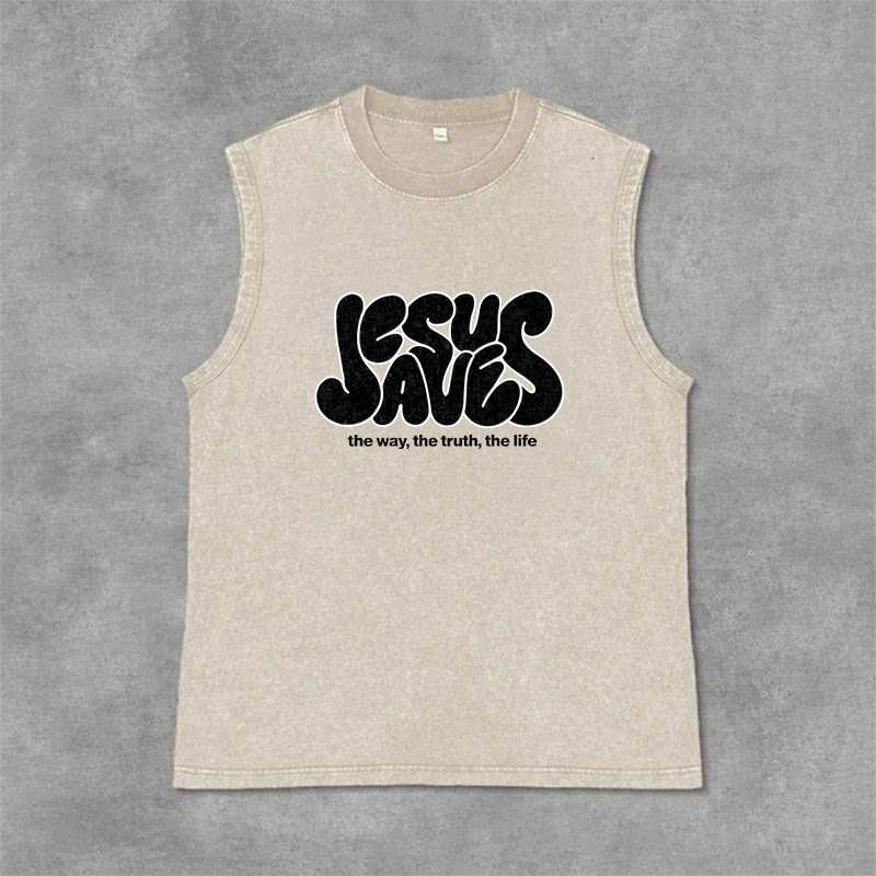 Christianartworkshop Jesus Saves Retro Unisex Washed Tank Top - Beige - 2XL - image 3